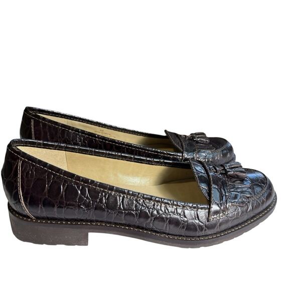 Talbots Caster3 Loafer 8M Women Croc Embossed Leather Shoes Lug Sole Tassels - Picture 3 of 8